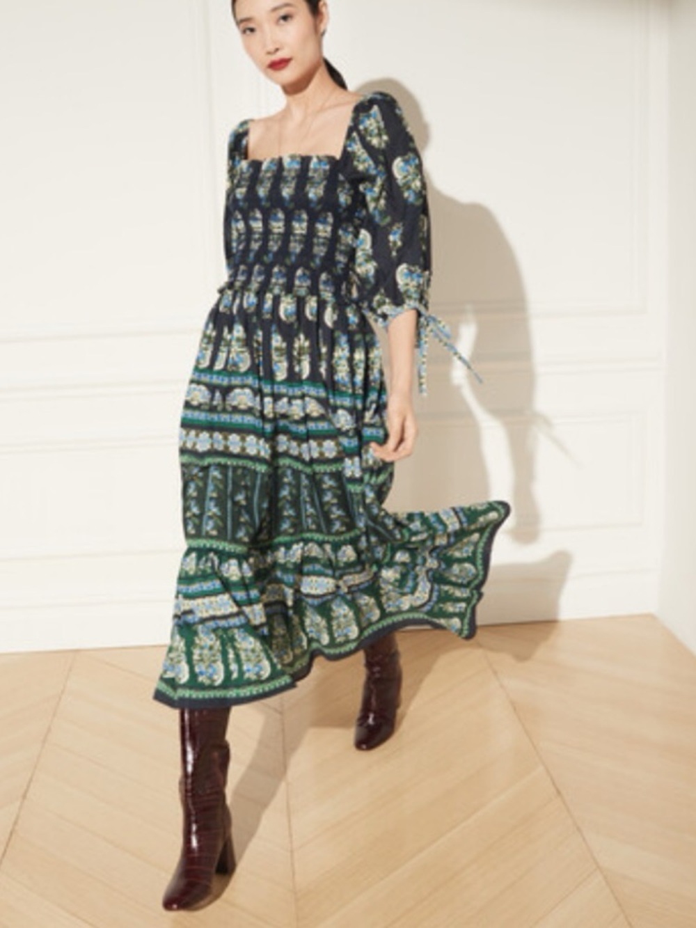 NWOT Cara Cara Jazzy Long Flower Green Blue Maxi Dress  Boho CottageCore sz L
